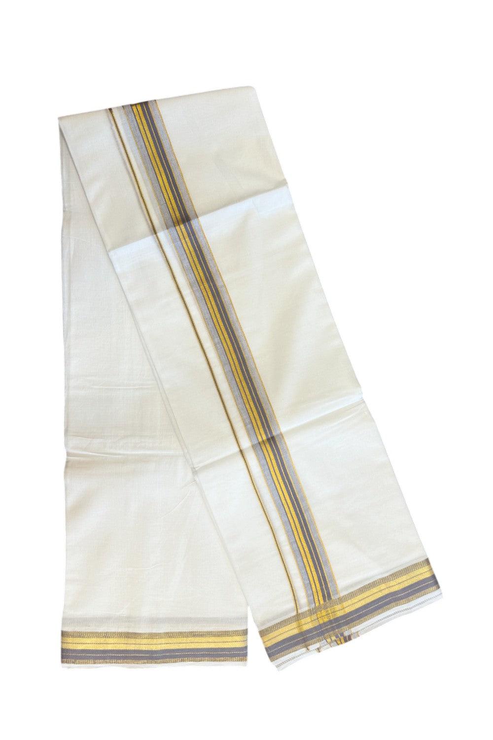 16% DISCOUNT! KaithariKada Balaramapuram 100% Mercerised Cotton Double PURE white Mundu/Dhoti - 100x100  1.5 inch Lavender & Kasavu striped Kara - 23KK5135GAN