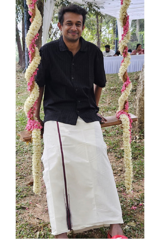 SHORT DHOTI SPECIAL! Kaitharikada.com - 19% Discount! Balaramapuram Double Off white - (Unbleached) Mundu/Dhoti - 100X100 - 1.25 inch Kara & 45 inches Height  Puliyilakkara Dark Maroon & Black Striped Chutty Kara - 8KK5104ASH