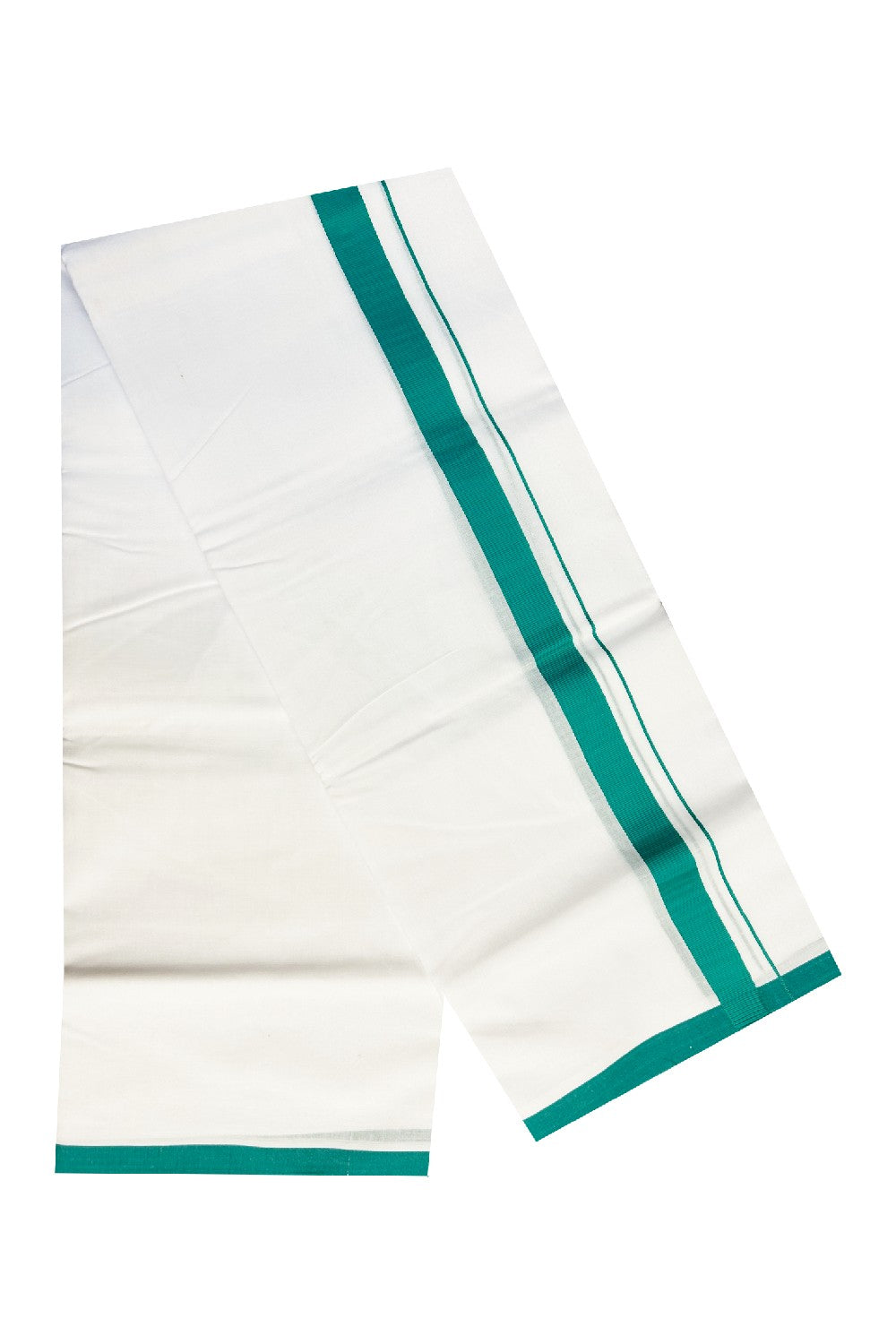 KaithariKada Cotton Mix  PURE White  Double  Dhoti/Mundu -1.75 inch Jade Green  Border.-36