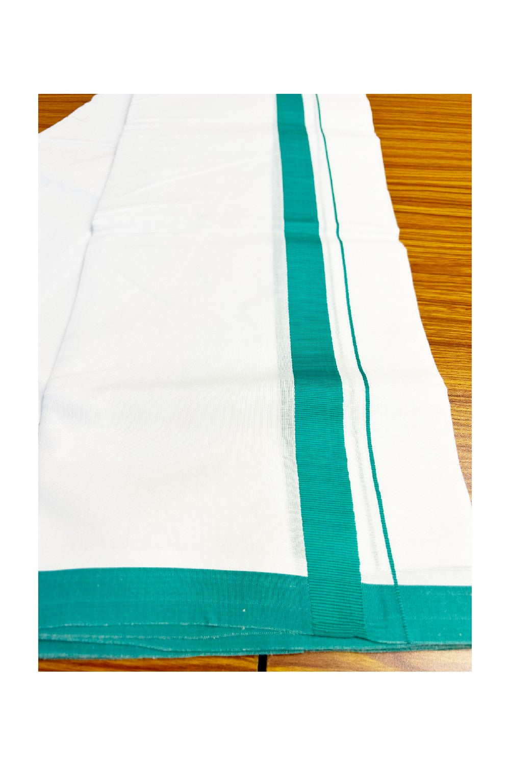 KaithariKada Cotton Mix  PURE White  Double  Dhoti/Mundu -1.75 inch Jade Green  Border.-36