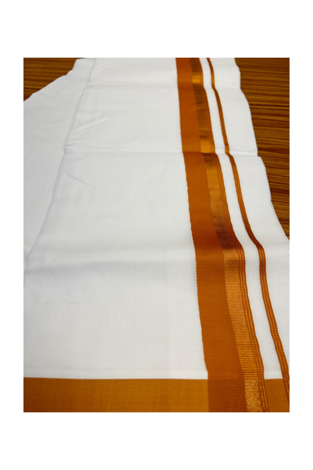 KaithariKada  Cotton Mix  PURE White  Double  Dhoti/Mundu -2.25 inch  Towny Brown  & Copper  Border.-Onam Collection-70.