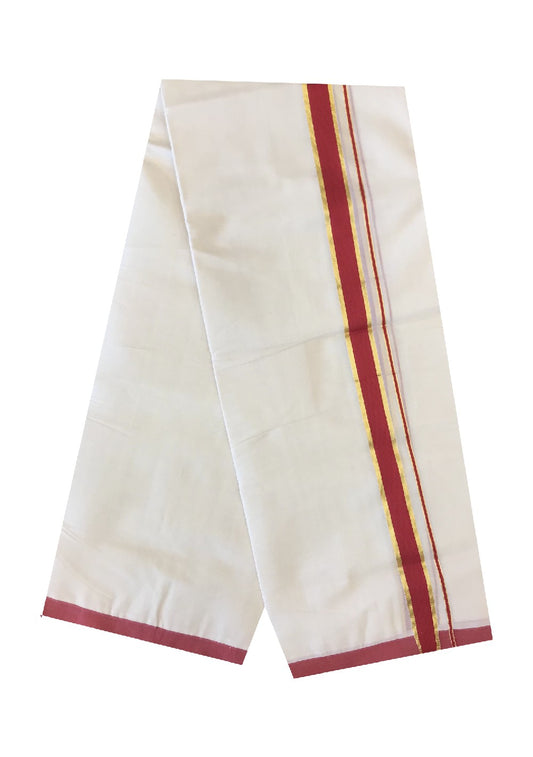 10% DISCOUNT! KaithariKada Balaramapuram 100% Cotton HANDLOOM  Double Off white Mundu/Dhoti-100X100- 2 inch Gold Kasavu &Red Kara-25.