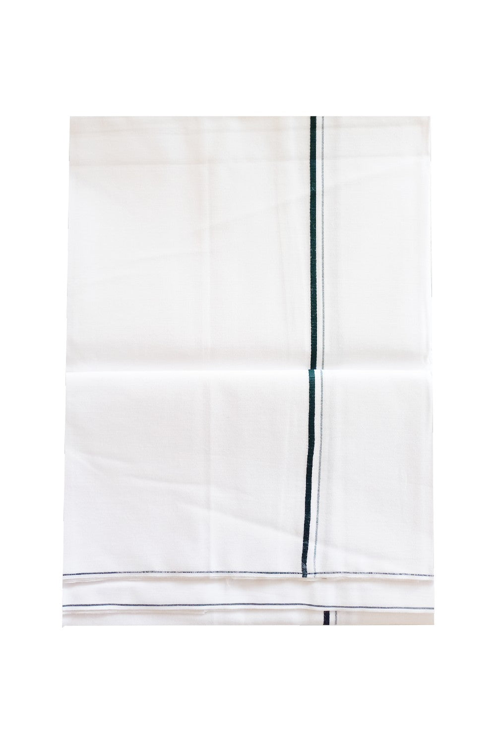 KaithariKada 100% Cotton PURE White Single Dhoti/Mundu - 1cm Dark Green Border