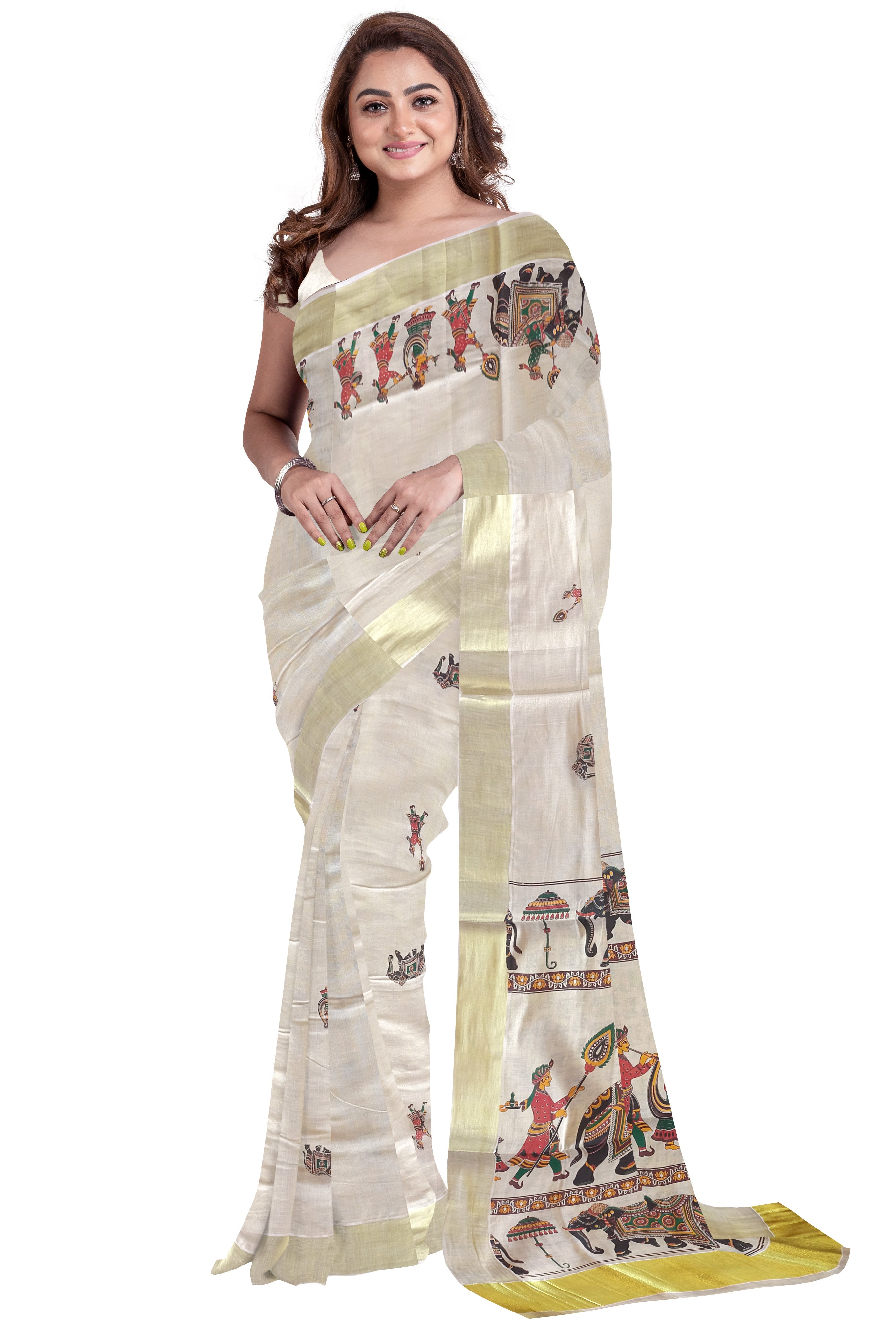 Swastik Design White Hand Block Kerala Cotton Saree – Craftyle