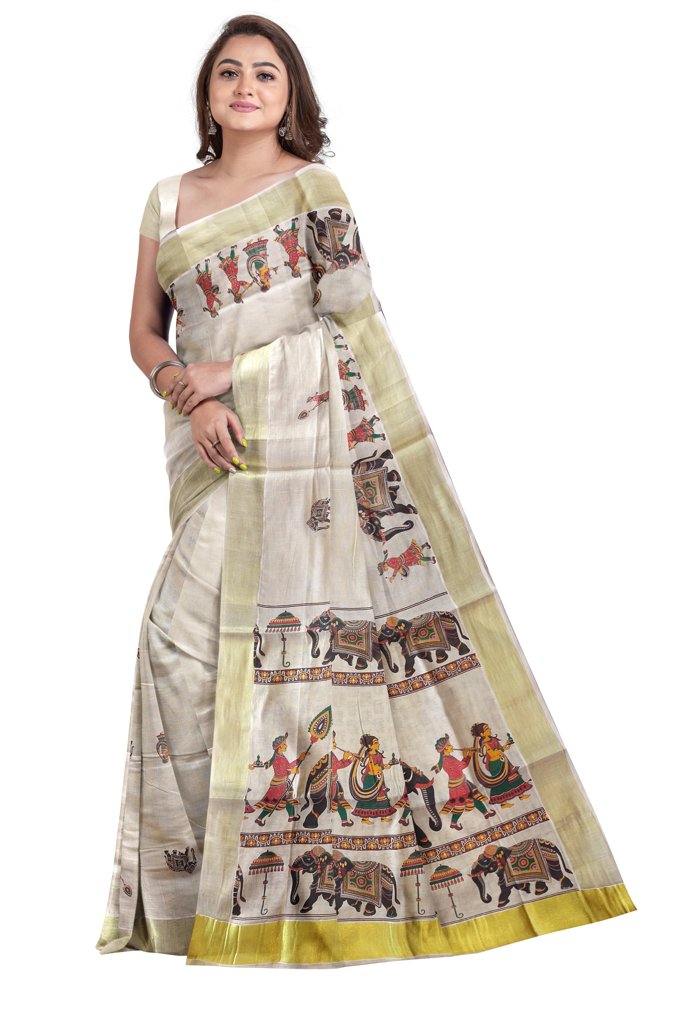 Buy Fashionkiosks Women Black Tissue Pallu Zari Worked Kerala Kasavu Saree  With Attached Blouse Piece Online at Best Prices in India - JioMart.