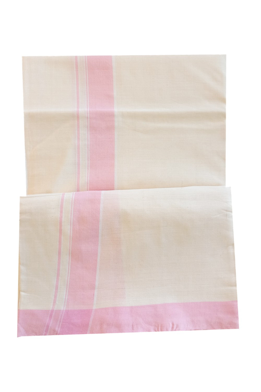 21% Discount!!! KaithariKada 100% Cotton Balaramapuram Handloom Off white (Unbleached) Double Dhoti/Mundu - 2 inch Pink Border