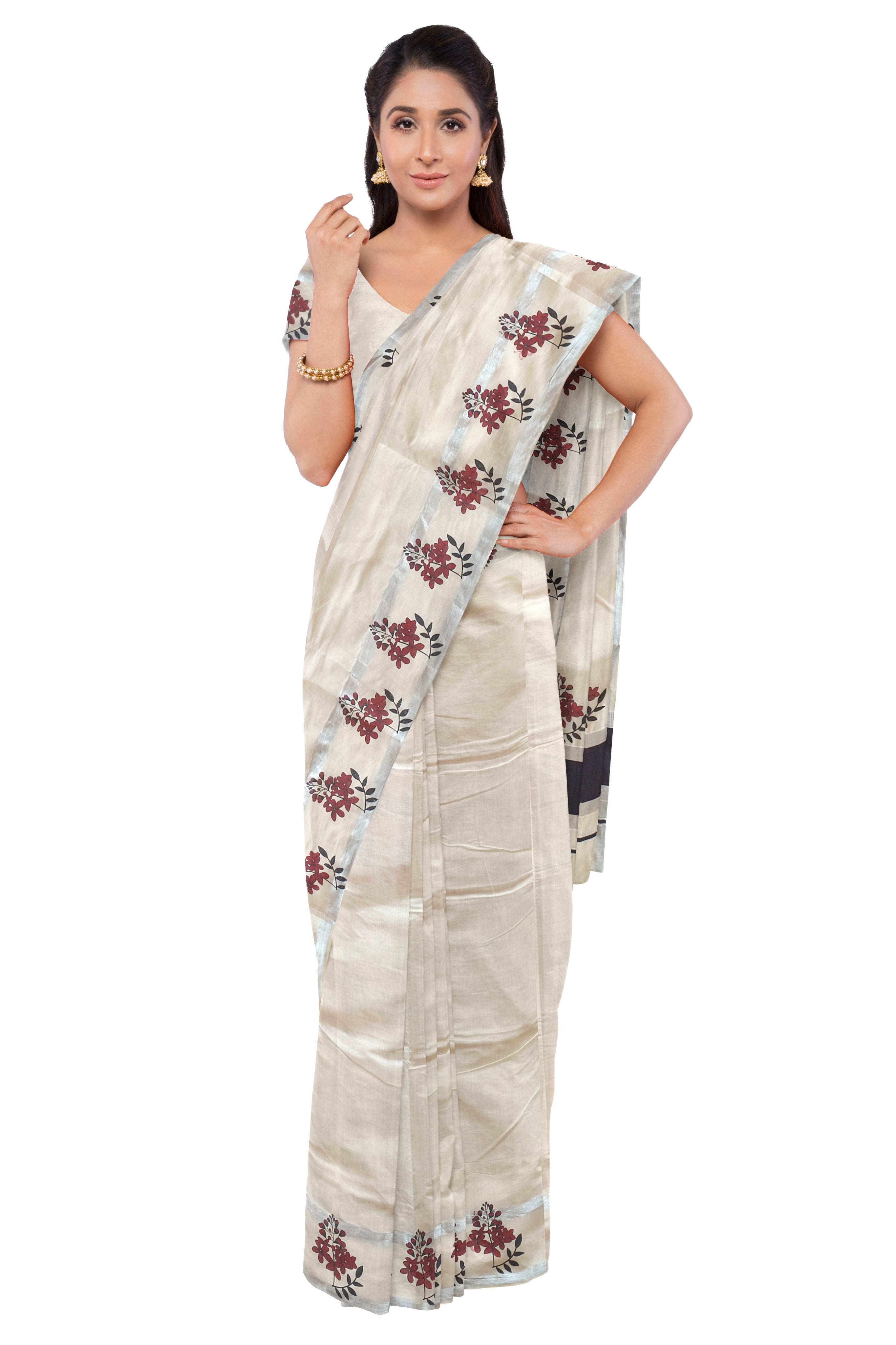 Kerala Silver Kasavu and Maroon Colour Border Saree - Etsy India | Kasavu  saree, Set saree, Cotton saree designs