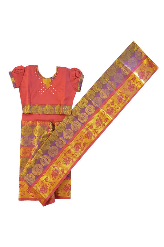 15% Discount Kaitharikada - Traditional South Indian Kids Saree- Brown colour saree with Gold design - Size (22).