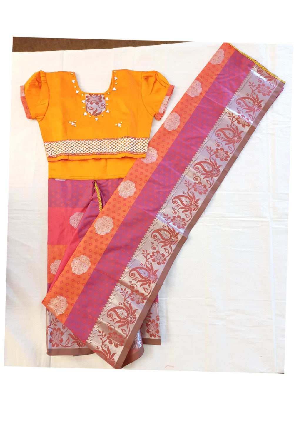 15% Discount Kaitharikada - Traditional South Indian Kids Saree- Orange & Brown colour saree - Size (24).