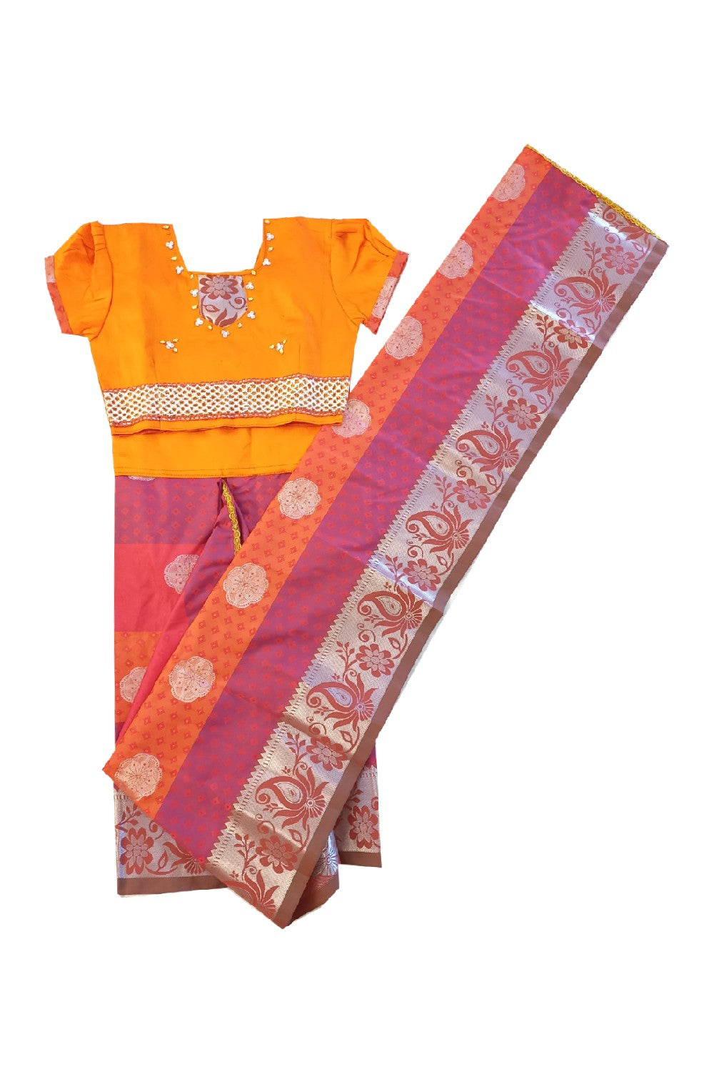 15% Discount Kaitharikada - Traditional South Indian Kids Saree- Orange & Brown colour saree - Size (24).