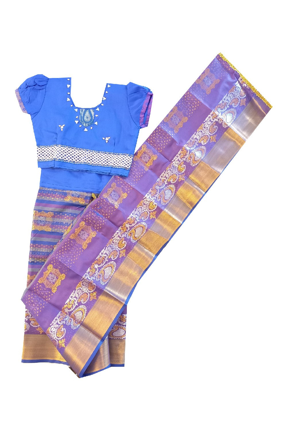 15% Discount Kaitharikada - Traditional South Indian Kids Saree- Blue & Gold colour saree - Size (26).