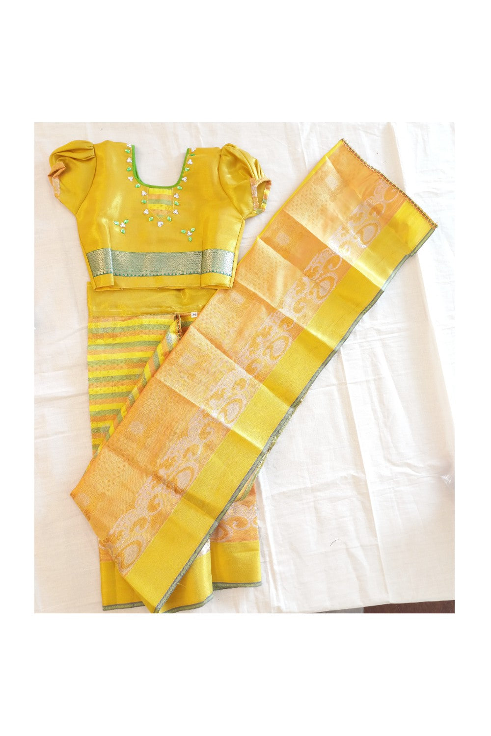 15% Discount Kaitharikada - Traditional South Indian Kids Saree- Gold & Lite Green colour saree - Size (26).