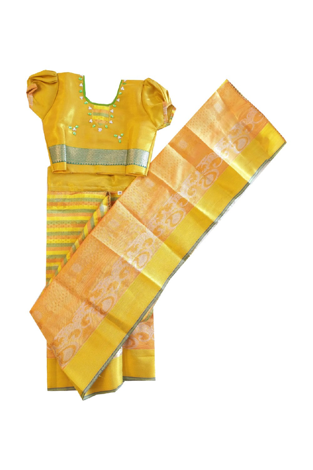 15% Discount Kaitharikada - Traditional South Indian Kids Saree- Gold & Lite Green colour saree - Size (26).