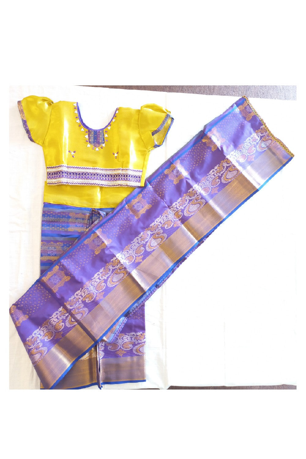 15% Discount Kaitharikada - Traditional South Indian Kids Saree- Gold & Violet colour saree - Size (28).