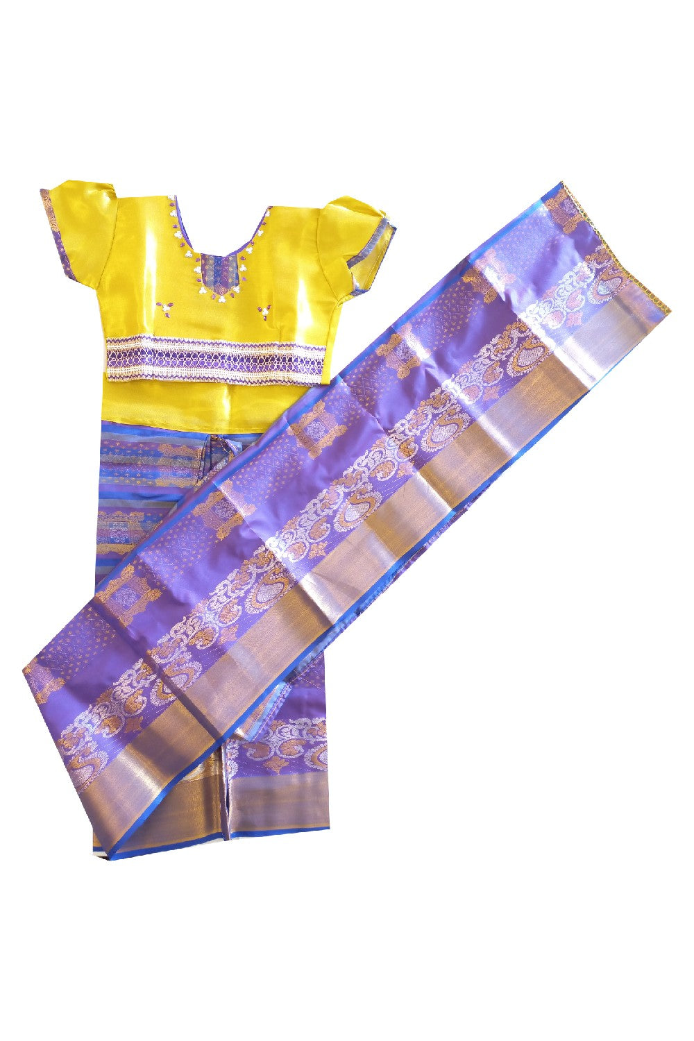 15% Discount Kaitharikada - Traditional South Indian Kids Saree- Gold & Violet colour saree - Size (28).