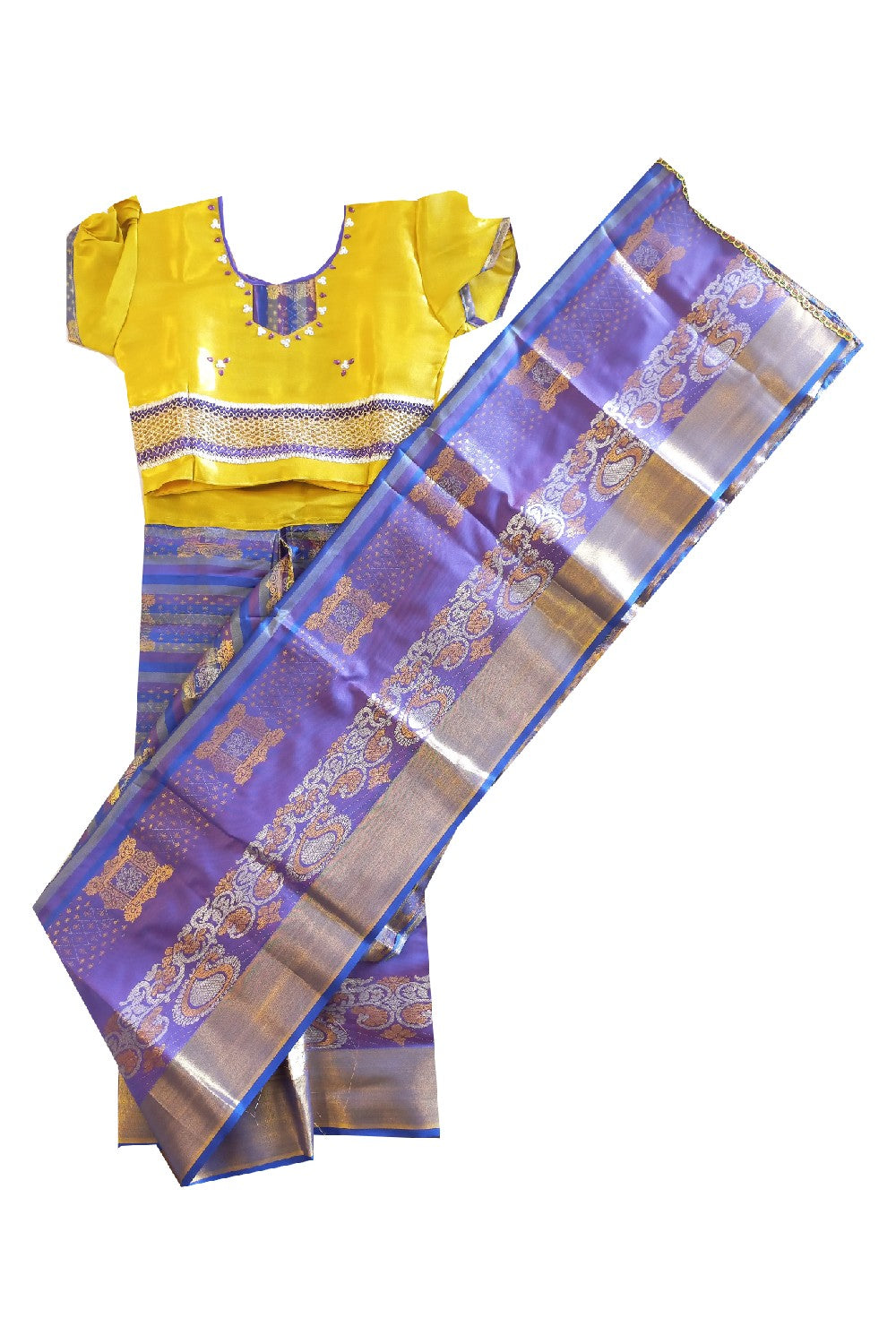 15% Discount Kaitharikada - Traditional South Indian Kids Saree- Gold & Violet colour saree - Size (30).