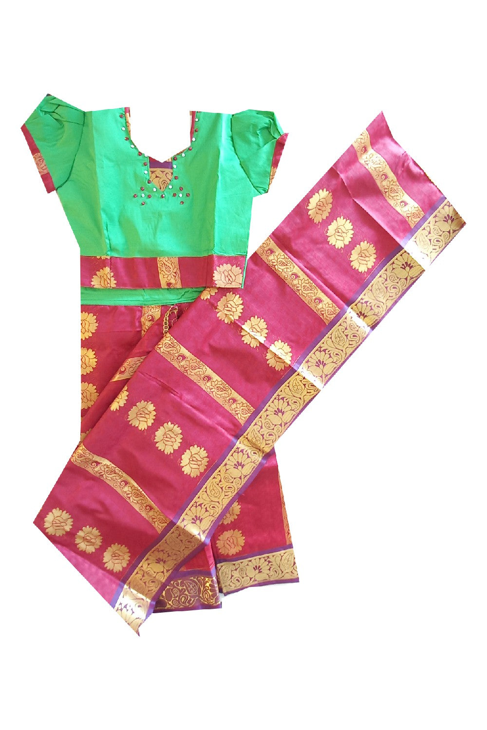 15% Discount Kaitharikada - Traditional South Indian Kids Saree- Green & Red colour saree - Size (30).